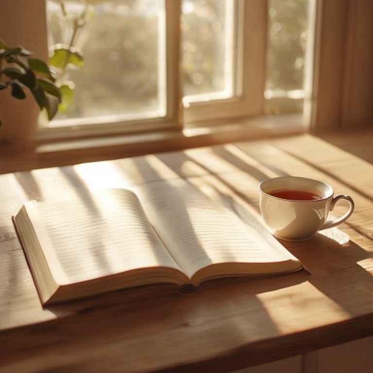 Sunlit desk with notebook and coffee